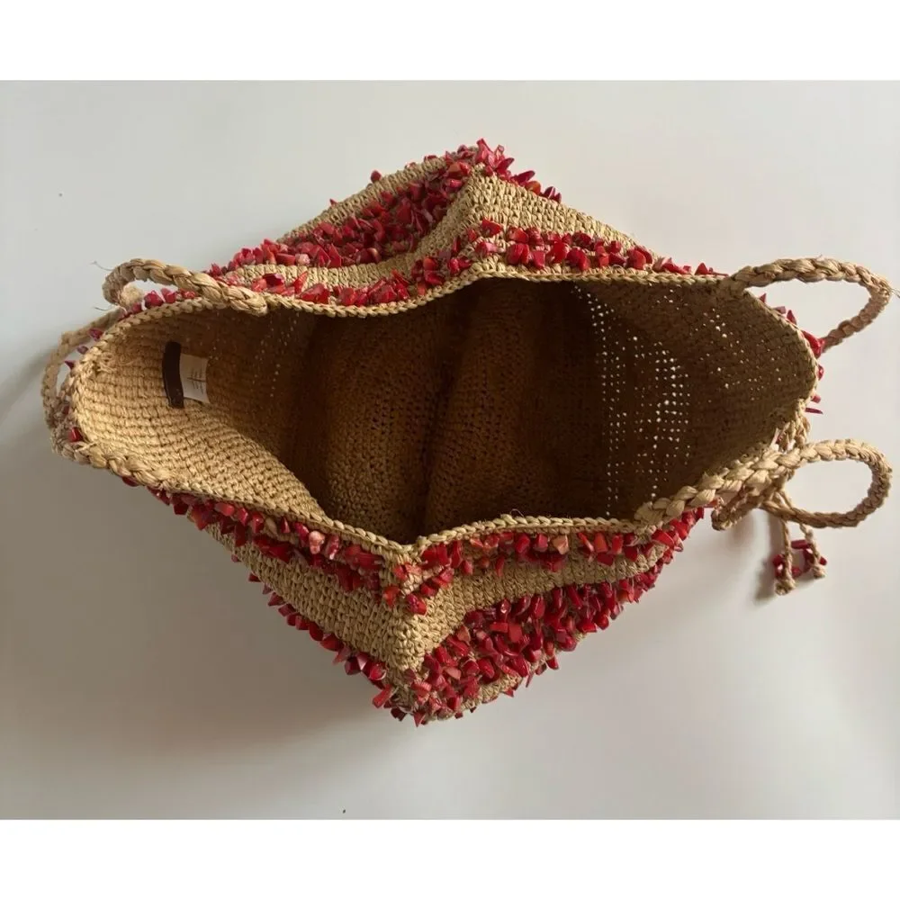 Vintage 80’s J. Crew Straw Hobo Bag with Natural Coral Stones ~ Excellent